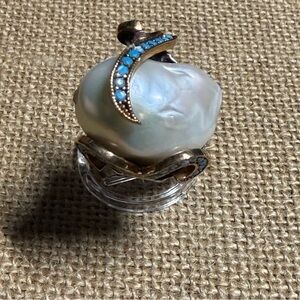 NWT Handcrafted Sterling and Gold Freshwater Pearl Ring Accented with Turquoise